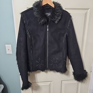 Montanaco Womens Coat  Black Size Small Stud  Embellishments Faux Fur Lined‎ EUC